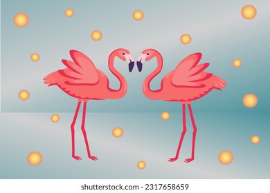 Cute two flamingos. Vector illustration composition with love birds. Blue background, pearls, nature. Romantic picture, love