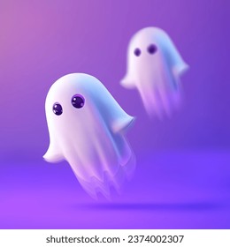 Cute two flying ghosts on a purple background for Halloween. Vector 3D illustration