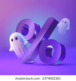 Cute two flying ghosts and percent sign on a purple background for Halloween sale and discounts. Vector 3D illustration