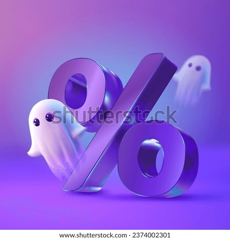 Cute two flying ghosts and percent sign on a purple background for Halloween sale and discounts. Vector 3D illustration