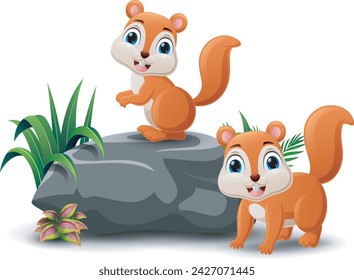 Cute two fox cartoon on the stone