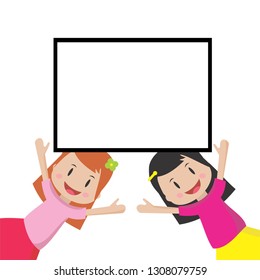 cute two girls above empty message board vector 13