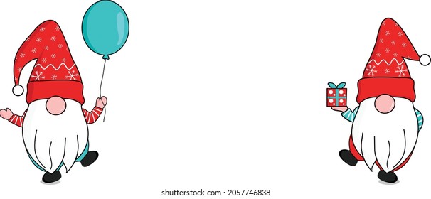 cute two happy gnomes in red snowflakes Santa clause hat standing on one foot holding gift box and floating balloon at the lower corner. greeting celebrate Christmas and New year. vector illustration.