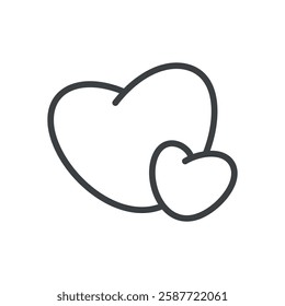 Cute two heart shapes icon. Hand drawn monochrome illustration isolated on a white background. Kawaii St. Valentine day sticker. Abstract romantic emoji. Vector 10 EPS.