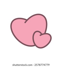 Cute two hearts icon. Hand drawn illustration of a big and little pink hearts isolated on a white background. Kawaii St. Valentine day sticker. Vector 10 EPS.