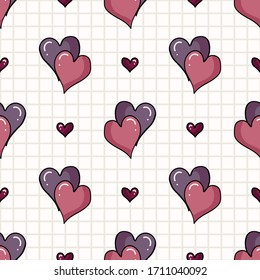 Cute two hearts seamless vector pattern. Hand drawn romantic symbol kawaii illustration for kids. Valentines day all over print on stripe background. Marriage tile. 