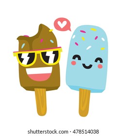 Cute two kawaii ice cream isolated vector illustration