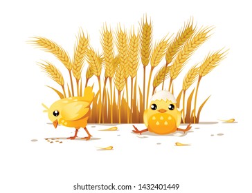 Cute two little chick one chick eat from ground and another sit with hat from egg shell cartoon character design flat vector illustration with wheat ears on background rural scene design