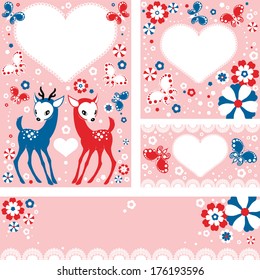 Cute Two Little Deer Wedding Party Cards Templet SET. Template design can be used for packaging, invitations,Wedding decoration,bag template, print for mag cup and etc. VECTOR.