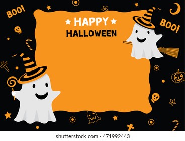 Cute two little ghost wear witch hat and ride a broomstick design for happy halloween holiday party invitation template card vector illustration.Black space for copy text.
