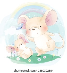 Cute two little mouse playing with butterfly