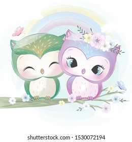 Cute two little owls illustration