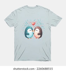 Cute two little Penguin with love heart illustration, t shirt template for valentine's day