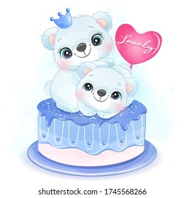 Cute two little polar bear sitting in the cake illustration