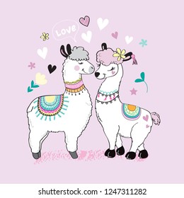 Cute two llamas, hearts and the inscription love on a pink background