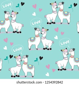 Cute two llamas, hearts and the inscription love on a blue background seamless pattern