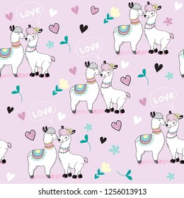 Cute two llamas, hearts and the inscription love on a pink background seamless pattern