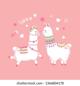 Cute two llamas, hearts and the inscription love on a pink background