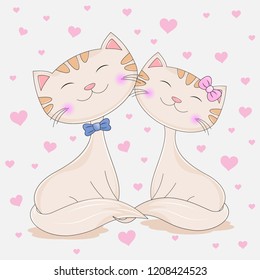 Cute two lovely cats girl is sleeping on a pink hearts background. Graphics for t-shirts. Greeting card. Vector illustration.