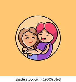 Cute two lovely happy best friends girls hugging cartoon illustration