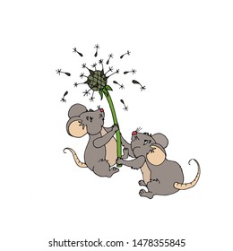 Cute two  mouse with a dandelion. Colorful hand-drawn vector illustration for your design, nursery decor, prints, childish background, T-shirt. 