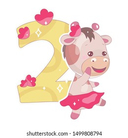 Cute two number with baby giraffe cartoon illustration. School math funny font symbol and kawaii animal character. Kids scrapbook sticker. Children 2 years old birthday and anniversary number clipart