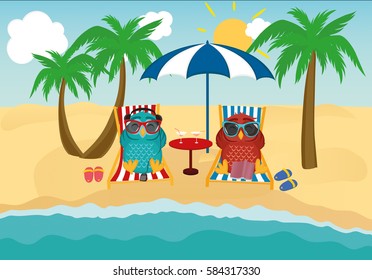 Cute two owls with sunglasses on vacation lying down on the beach by the sea and relaxing on a deck chair under an umbrella and listen to music and read books. Owlet. Postcard on holiday. Love
