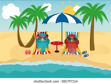 Cute two owls with sunglasses on vacation lying down on the beach by the sea and relaxing on a deck chair under an umbrella and palm trees. Ovlet listen to music and read knigui. Postcard on holiday.