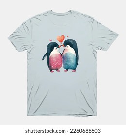 Cute two Penguin with love heart illustration, t shirt template for valentine's day