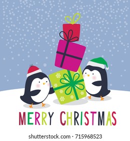 Cute two penguins are giving gift on Christmas day