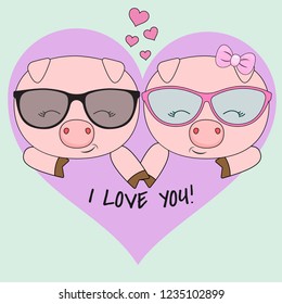 Cute two pigs, a boy and a girl in glasses isolated on a blue background with a pink heart. Sweet kids graphics for t-shirts. Vector illustration drawn in flat style. Greeting card.