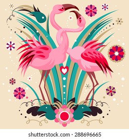 Cute Two Pink Flamingo. Floral background,spring theme, greeting card. Template design can be used for packaging,invitations,Wedding decoration,bag template, print for mag cup and etc.