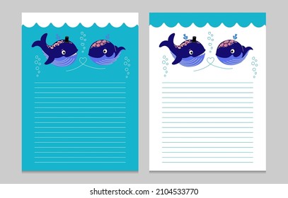 Cute two purple Whale in Love with sea waves and heart bubbles and space for text. Valentines Day template vector flat illustration for invitations page.