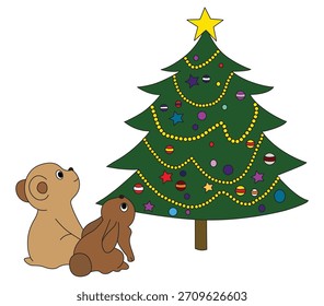 Lindo conejo con árbol de Navidad y regalos