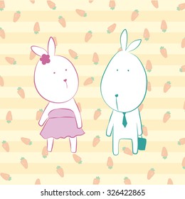 Cute two rabbits with carrots background. Vector illustration