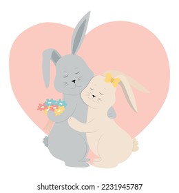 Cute two rabbits are hugging on the background of the heart. Cute Valentines day, wedding card. Vector invitation. 