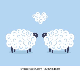 Cute two sheep vector kids love couple illustration on blue background with a heart. Baby shower background. Child drawing flat style white sheep. Kids design for fabric and decor.