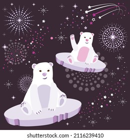 Cute two smiling polar teddy bear on an ice floe in space with stars and comets. Vector illustration.