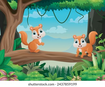 Cute two squirrels enjoying on tree branch