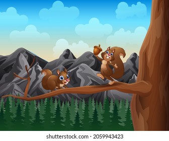 Cute two squirrels on a tree branch illustration