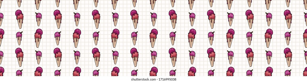 Cute two strawberry ice cream cartoon seamless vector border. Hand drawn melting summer treat. Yummy cold gelato dessert all over print on check background. Sweet dairy soft serve kids illustration. 