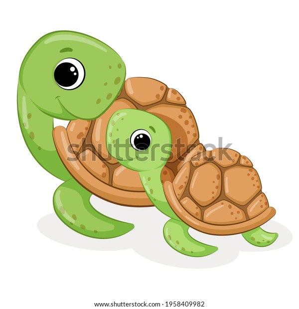 Cute Two Turtle Mother Baby Cartoon Stock Vector (Royalty Free) 1958409982