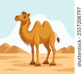 Cute two-humped camel in desert landscape. Flat style illustration.	