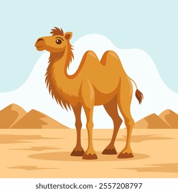 Cute two-humped camel in desert landscape. Flat style illustration.	