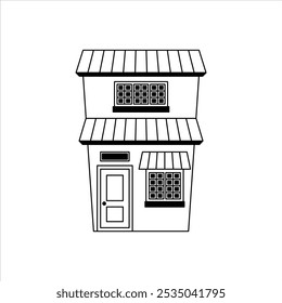 Cute two-storey shop in rustic style. Modern flat illustration isolated on white background.