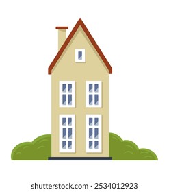Cute two-storied house isolated on a white background. Vector illustration in flat style. Colored icon of home, building, cottage, apartment. Trendy childish illustration.