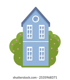 Cute two-storied house isolated on a white background. Vector illustration in flat style. Colored icon of home, building, cottage, apartment. Trendy childish illustration.