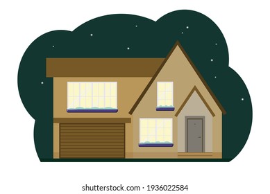 Cute two-story house at night. Country house, light in the windows