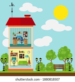 Cute two-story house with rooms and a street around. Vector illustration on the theme of interior and exterior.
