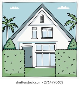 Cute Two-Story House Vector Illustration with Lawn and Trees